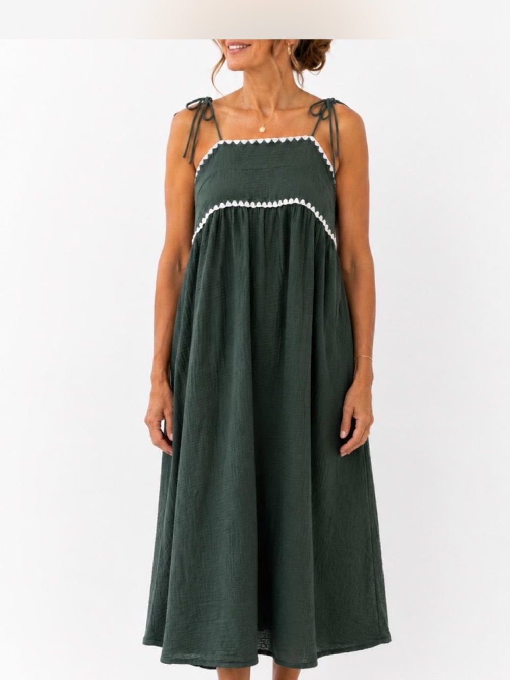 Dark Green Tie-Shoulder Midi Dress with Contrast Trim